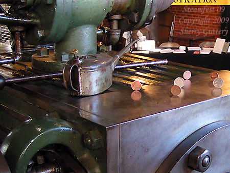 Watt Campbell "Corliss" engine - coins standing on edge on cylinder block